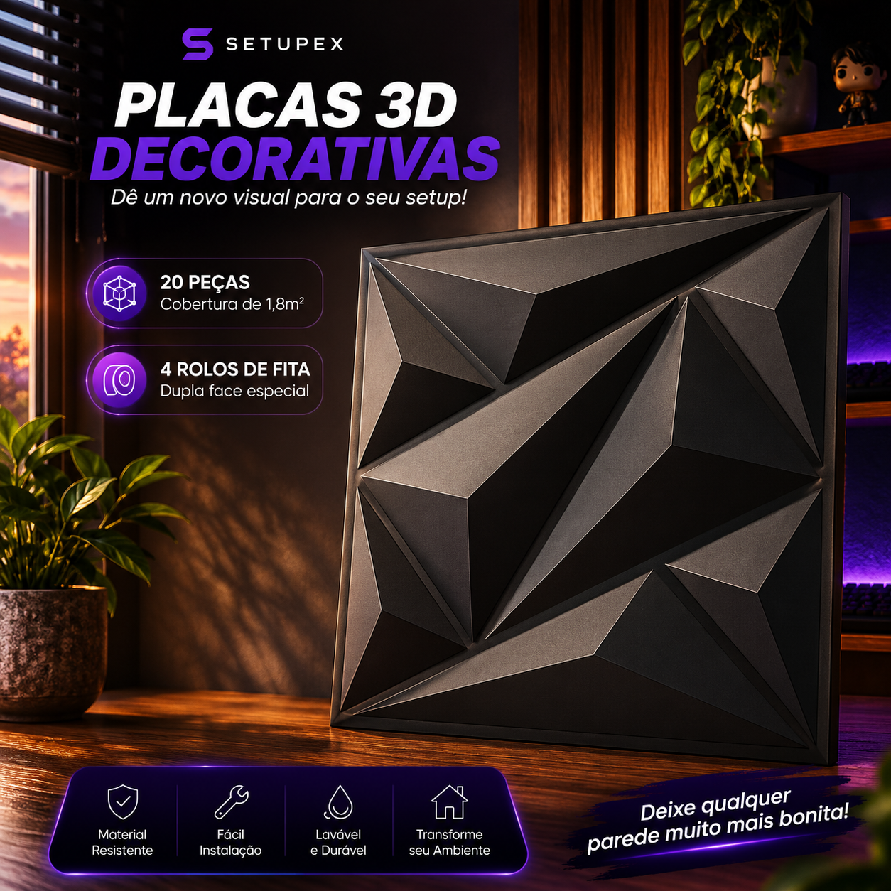 Kit 20 Placas 3D Decorativas para Parede 30x30cm