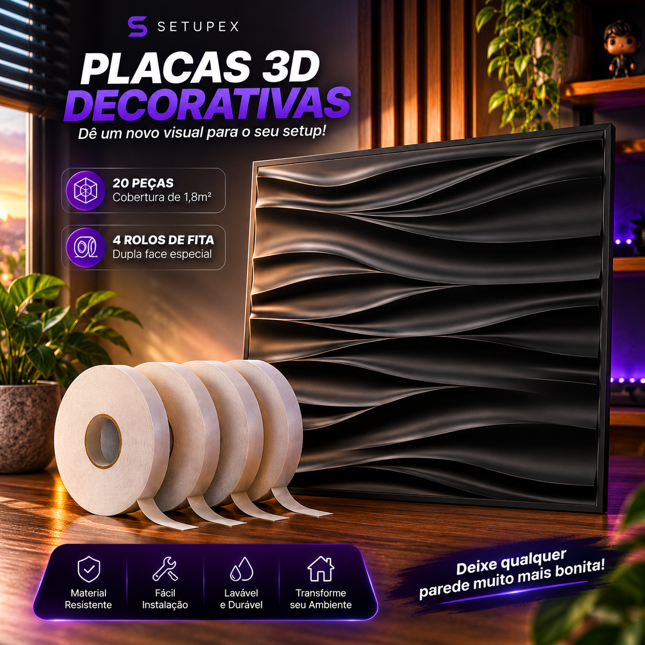 Kit 20 Placas 3D Decorativas para Parede 30x30cm
