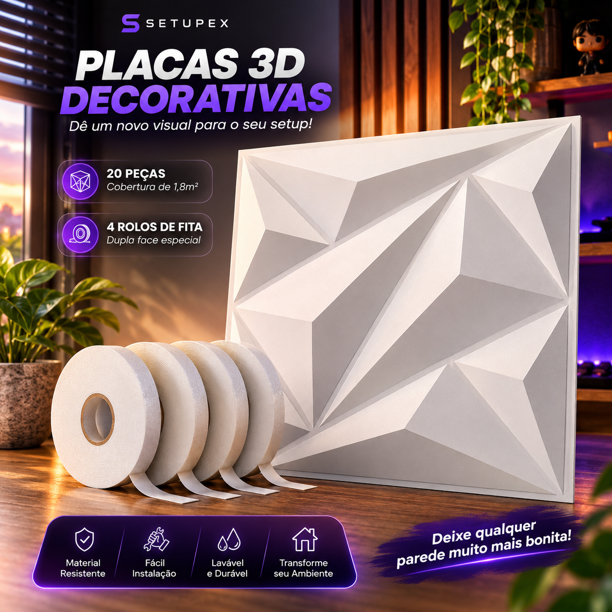 Kit 20 Placas 3D Decorativas para Parede 30x30cm