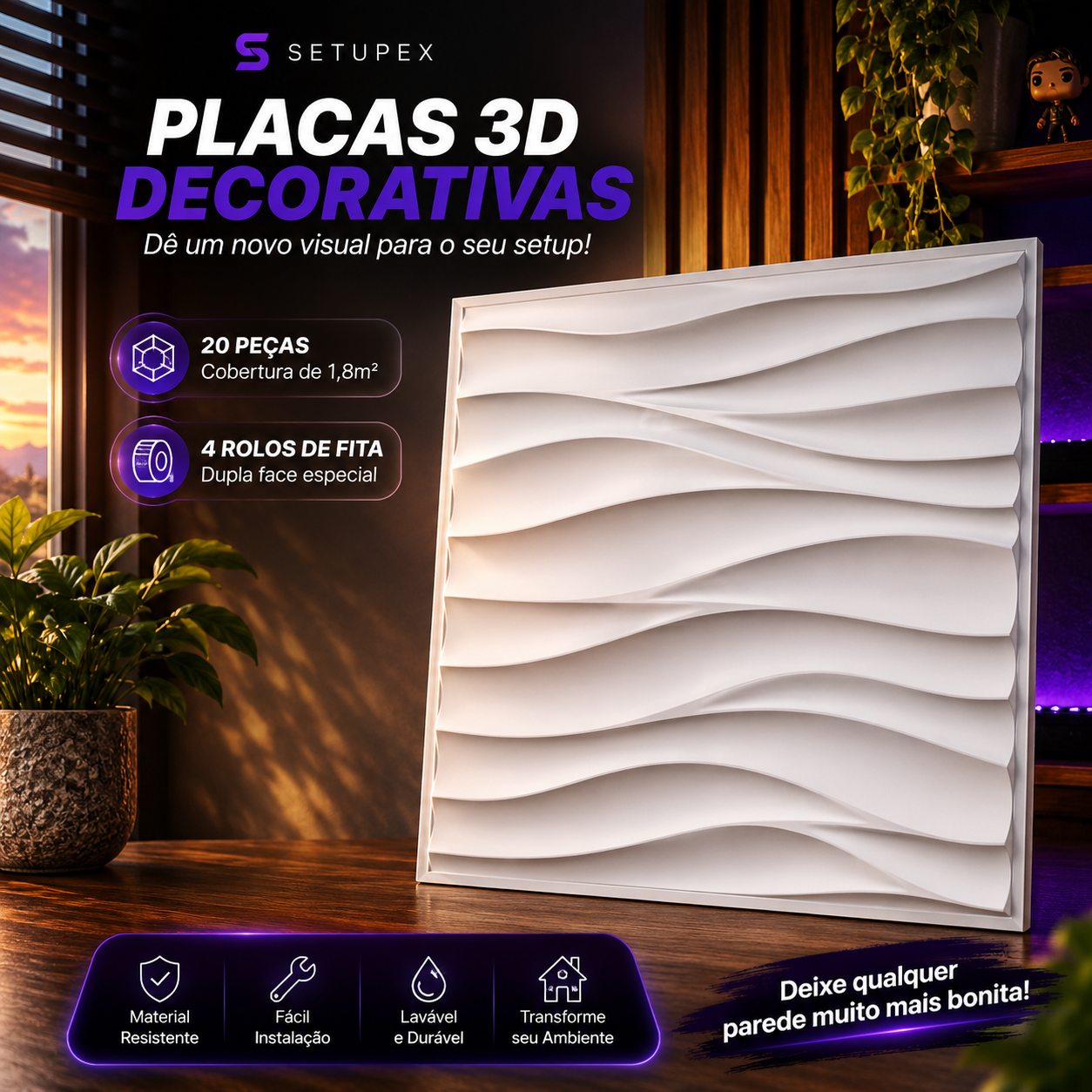 Kit 20 Placas 3D Decorativas para Parede 30x30cm