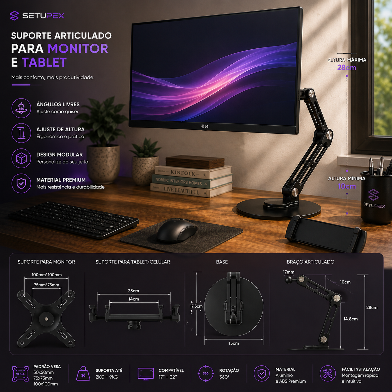 Suporte Articulado Premium para Monitor e Tablet — Rotação 360°