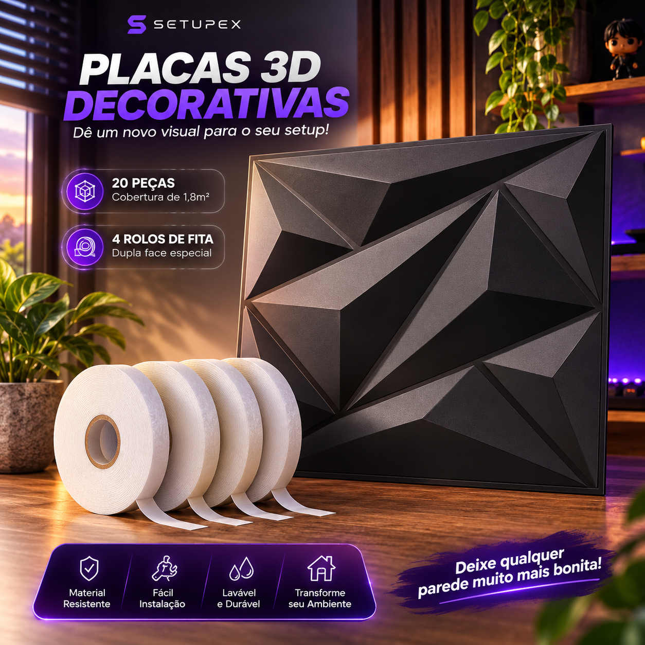 Kit 20 Placas 3D Decorativas para Parede 30x30cm
