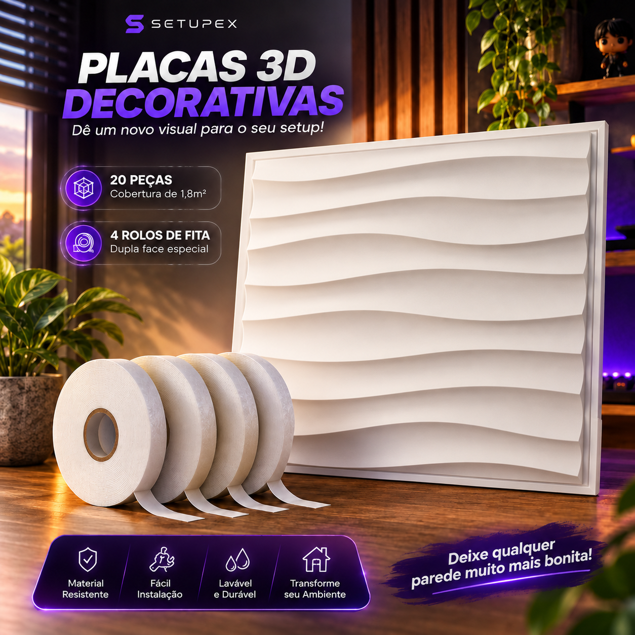 Kit 20 Placas 3D Decorativas para Parede 30x30cm