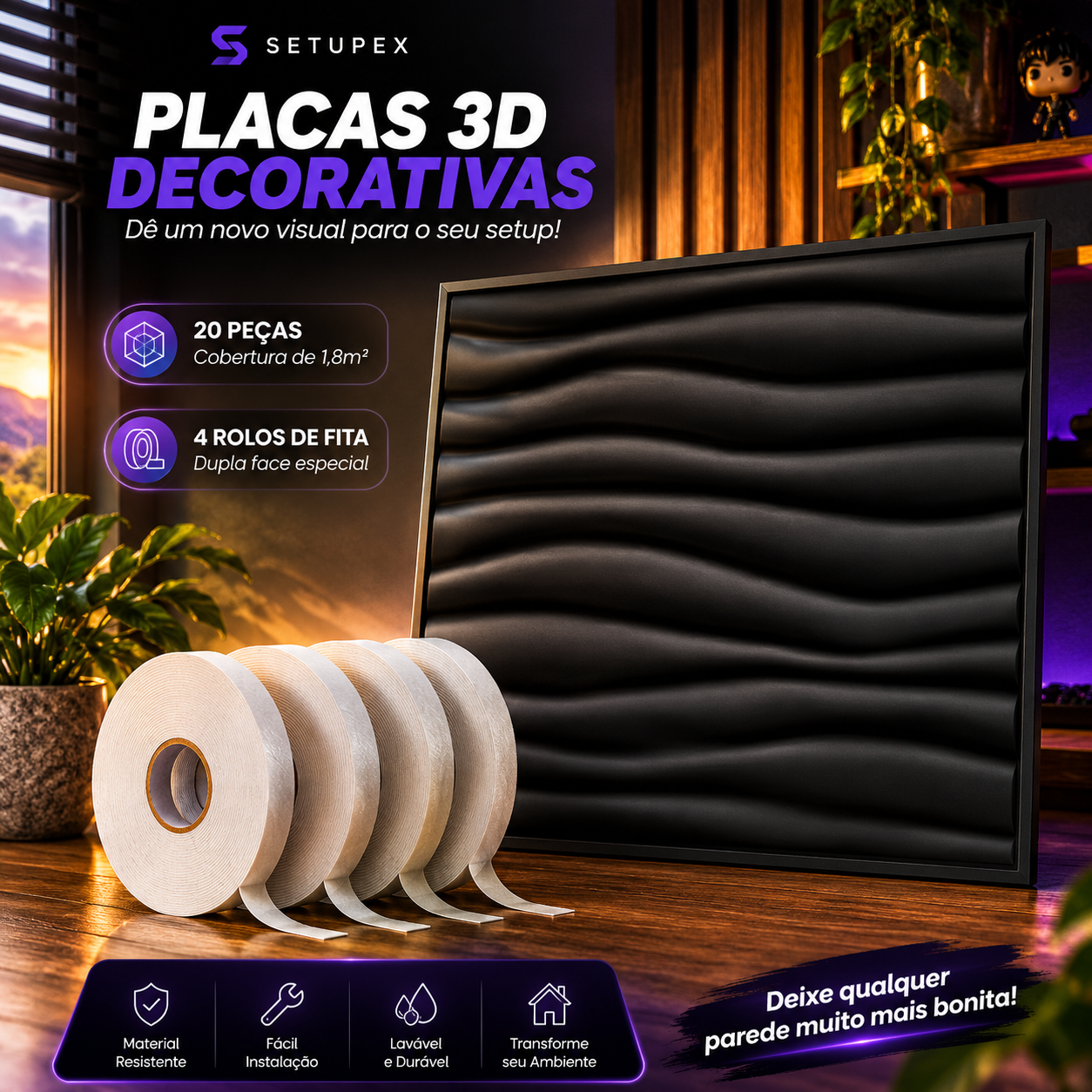 Kit 20 Placas 3D Decorativas para Parede 30x30cm
