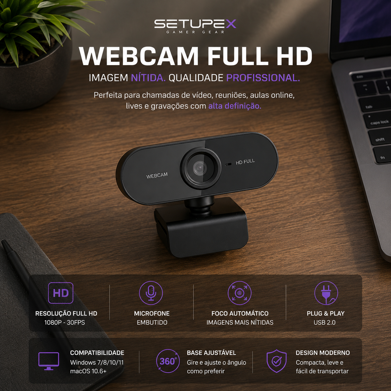 Webcam USB 1080p com Microfone Integrado