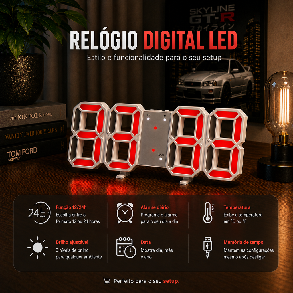 Relógio de Parede LED 3D Moderno com Data e Hora
