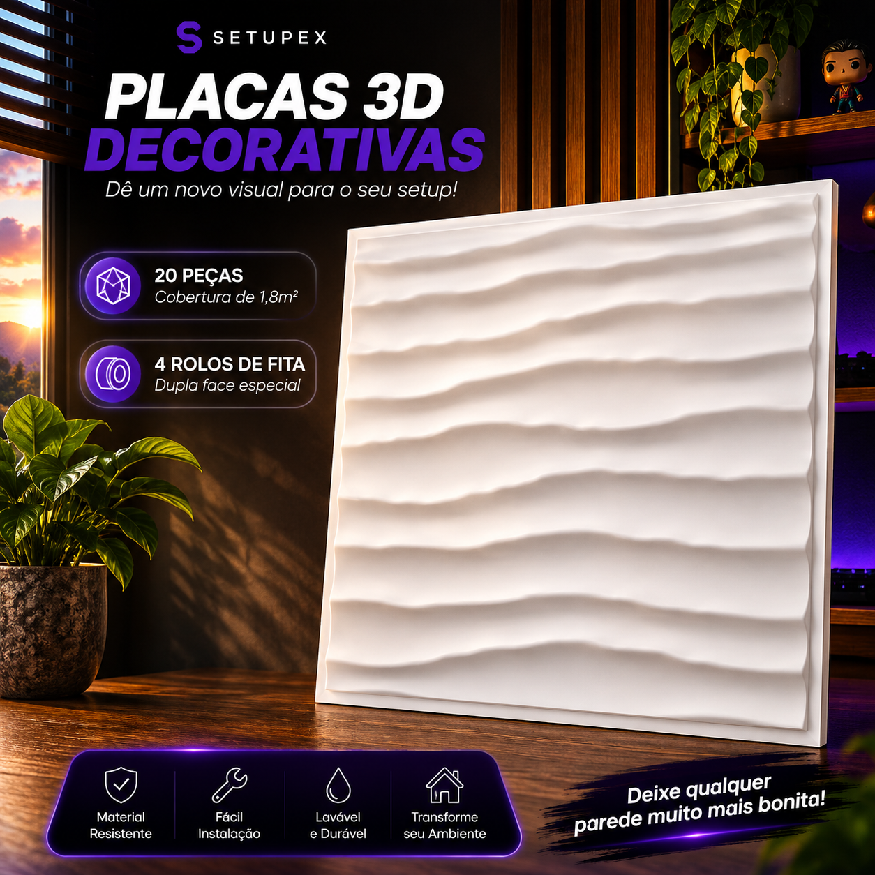Kit 20 Placas 3D Decorativas para Parede 30x30cm