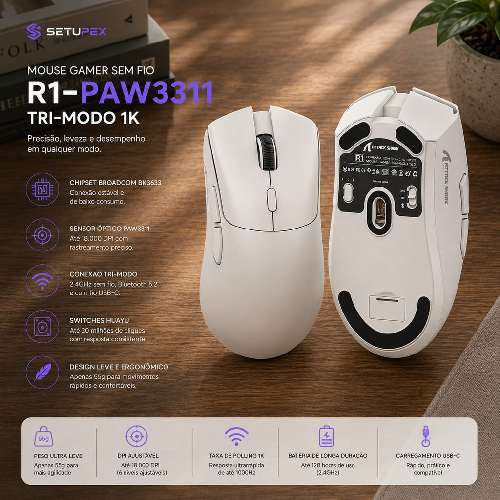 Mouse Gamer Attack Shark R1 Wireless RGB