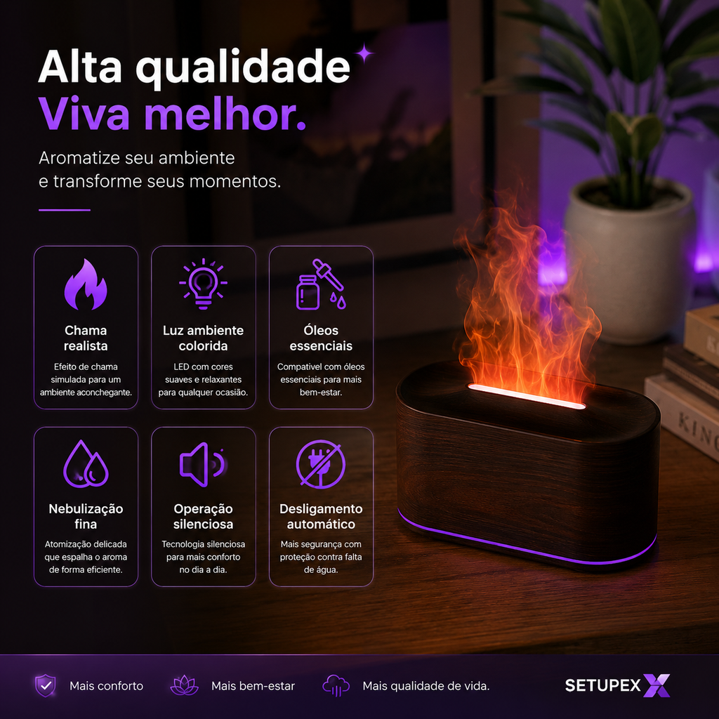 Difusor de Aromas Ultrassônico com Efeito Chama LED