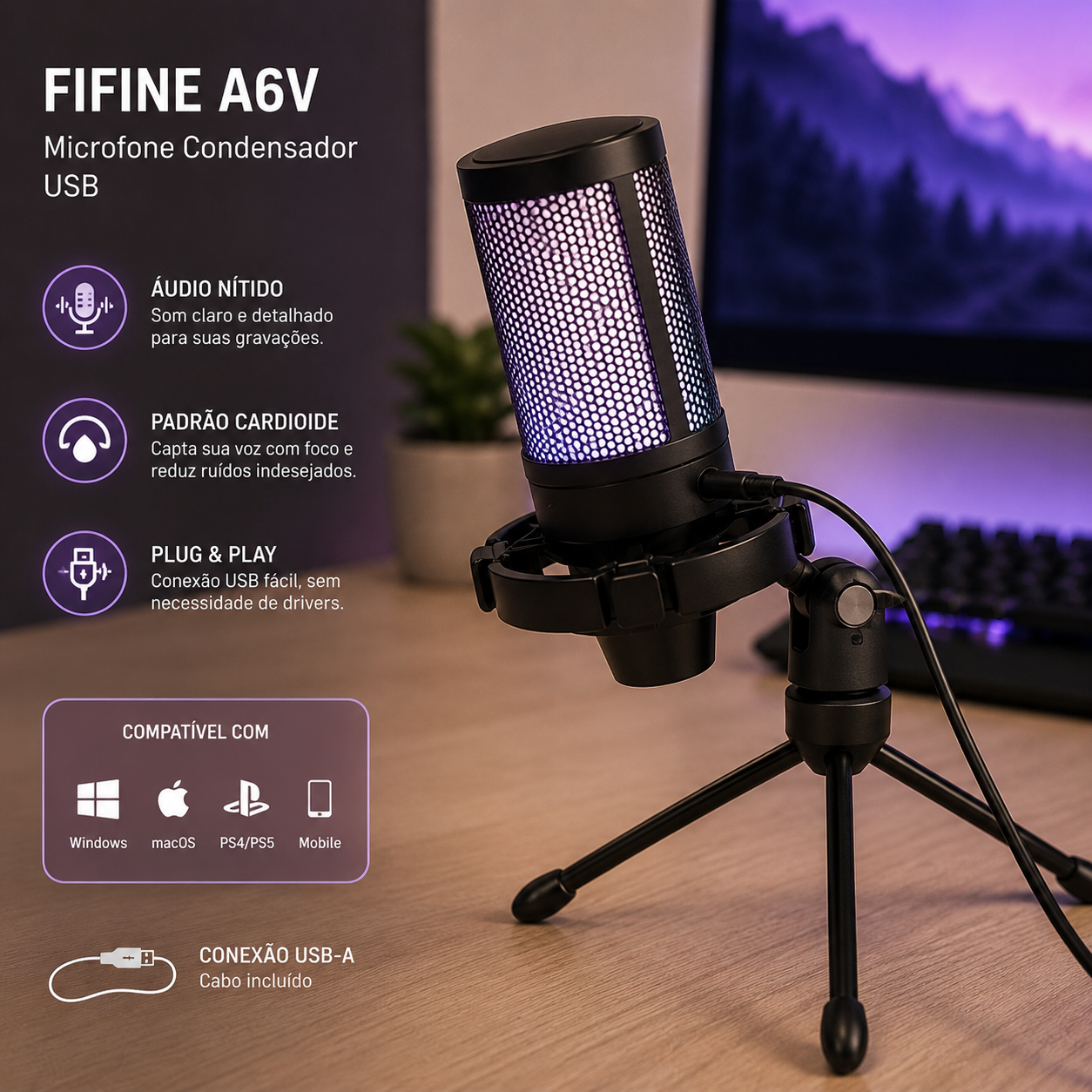 Microfone Condensador FIFINE AmpliGame A2 RGB para Streaming