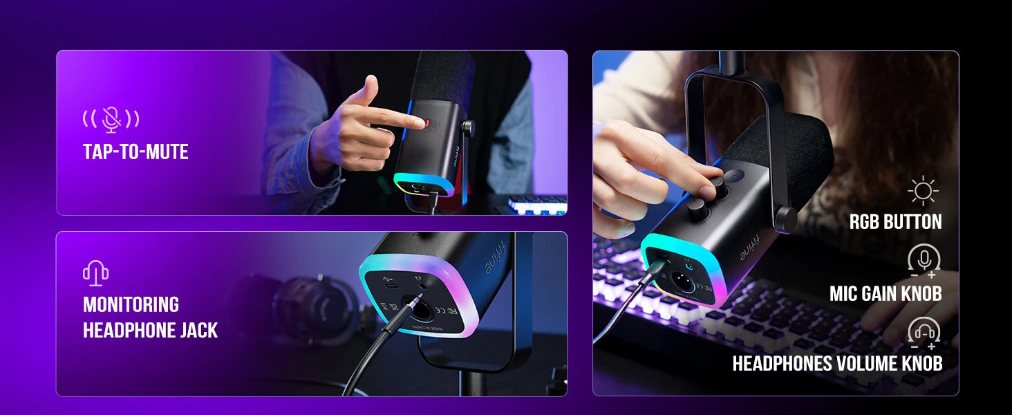Microfone FIFINE AM8 USB/XLR com RGB e Monitoramento de Áudio