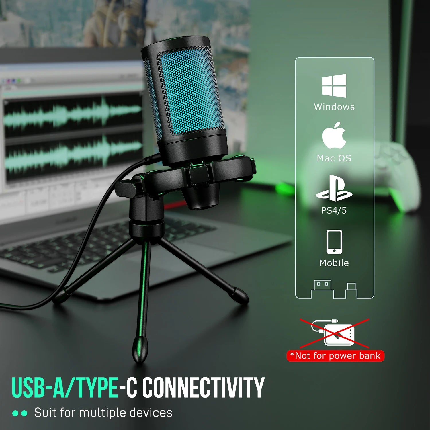 Microfone Condensador FIFINE AmpliGame A2 RGB para Streaming