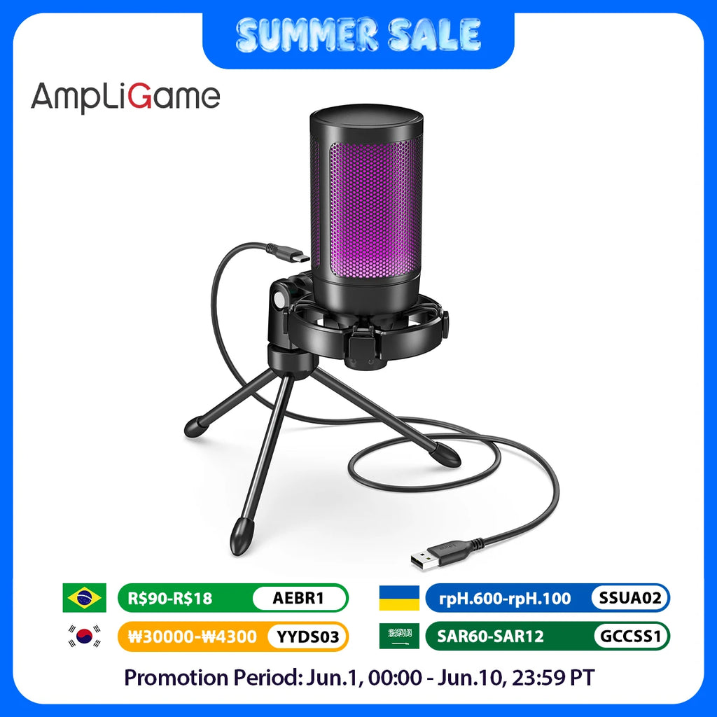 Microfone Condensador FIFINE AmpliGame A2 RGB para Streaming
