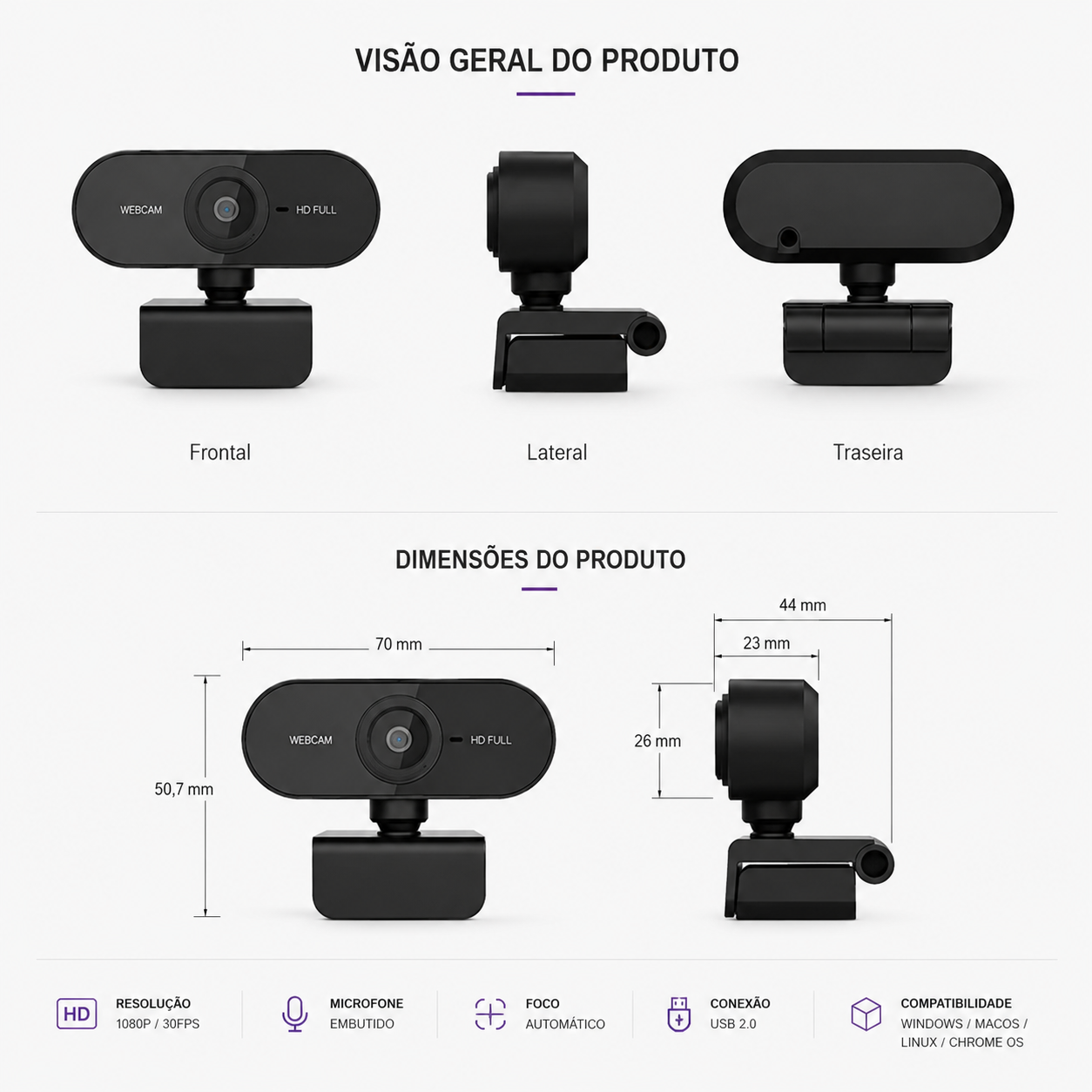 Webcam USB 1080p com Microfone Integrado