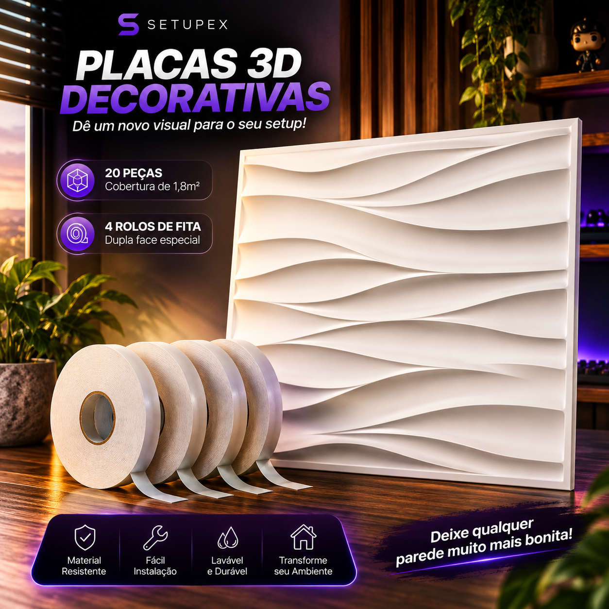 Kit 20 Placas 3D Decorativas para Parede 30x30cm