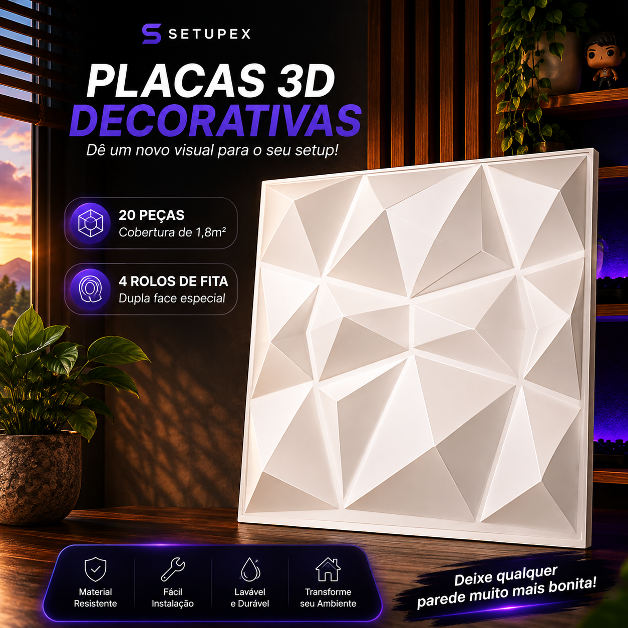 Kit 20 Placas 3D Decorativas para Parede 30x30cm