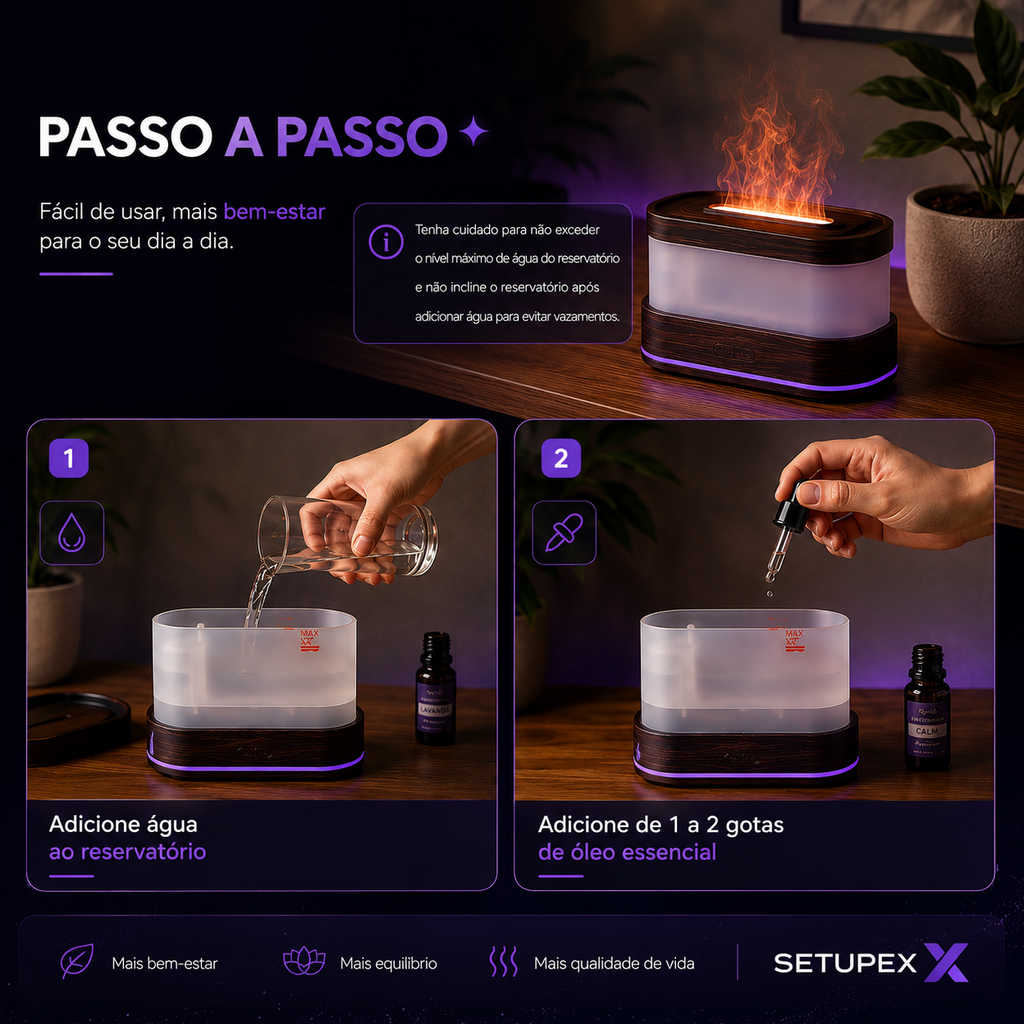 Difusor de Aromas Ultrassônico com Efeito Chama LED