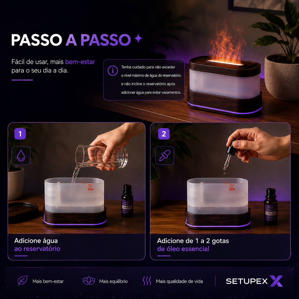 Difusor de Aromas Ultrassônico com Efeito Chama LED
