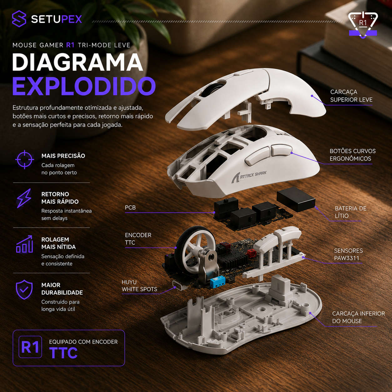 Mouse Gamer Attack Shark R1 Wireless RGB