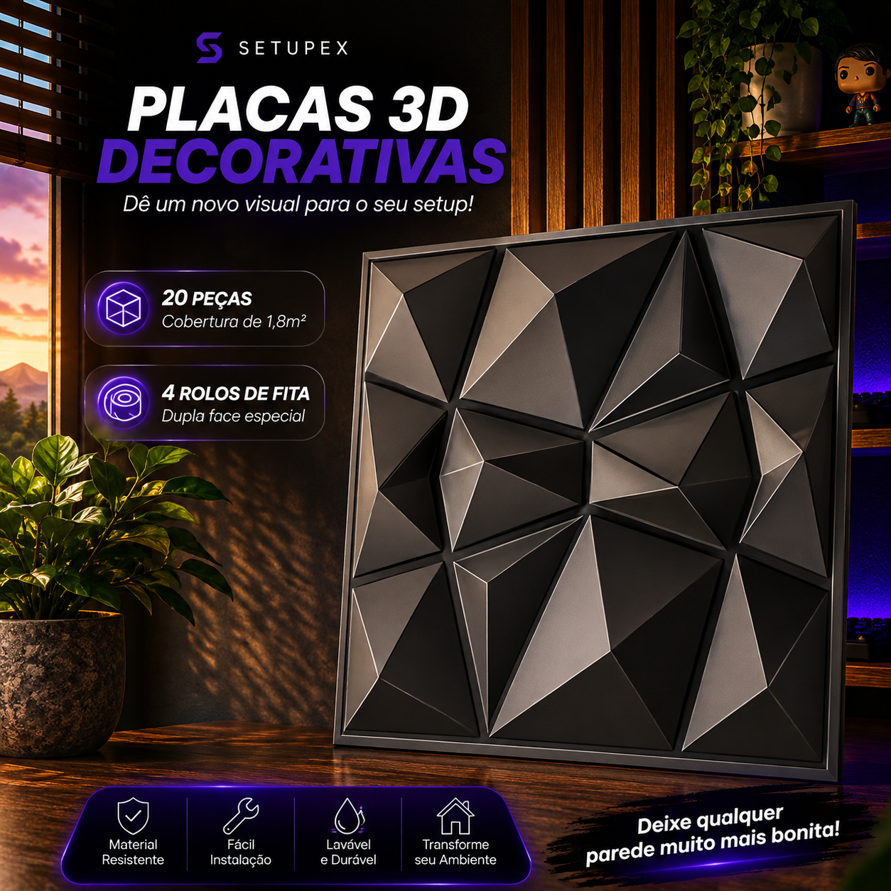 Kit 20 Placas 3D Decorativas para Parede 30x30cm