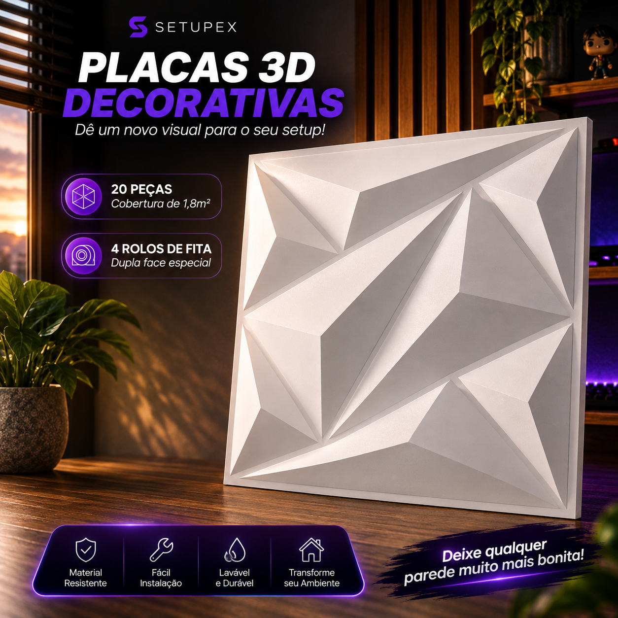 Kit 20 Placas 3D Decorativas para Parede 30x30cm