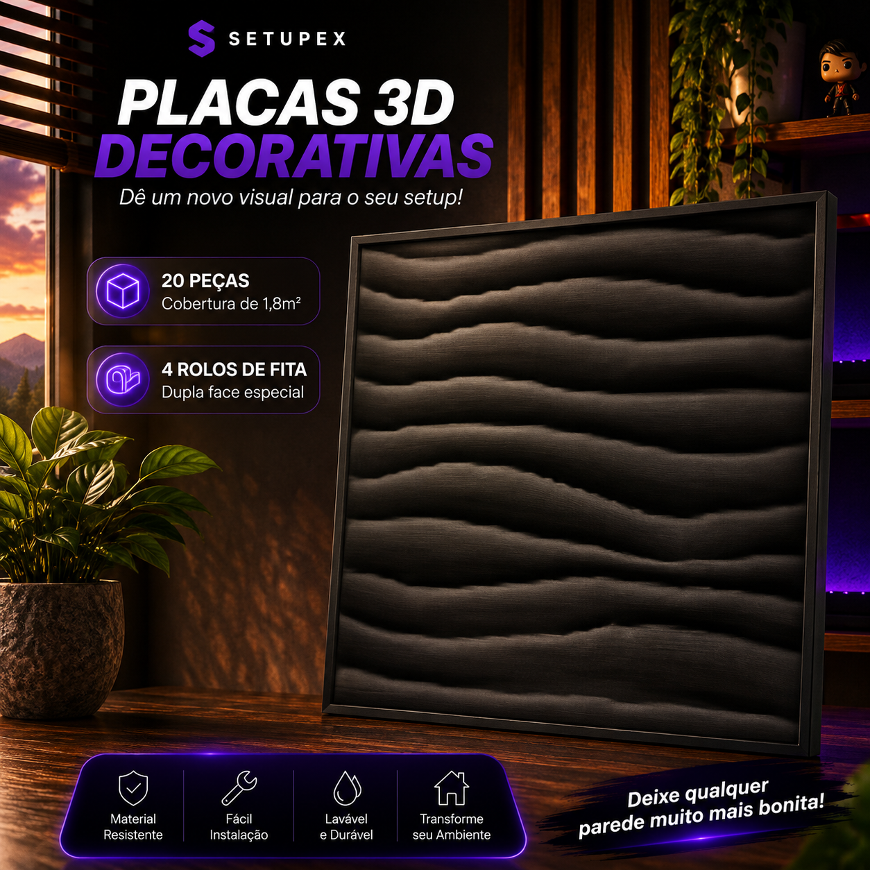 Kit 20 Placas 3D Decorativas para Parede 30x30cm