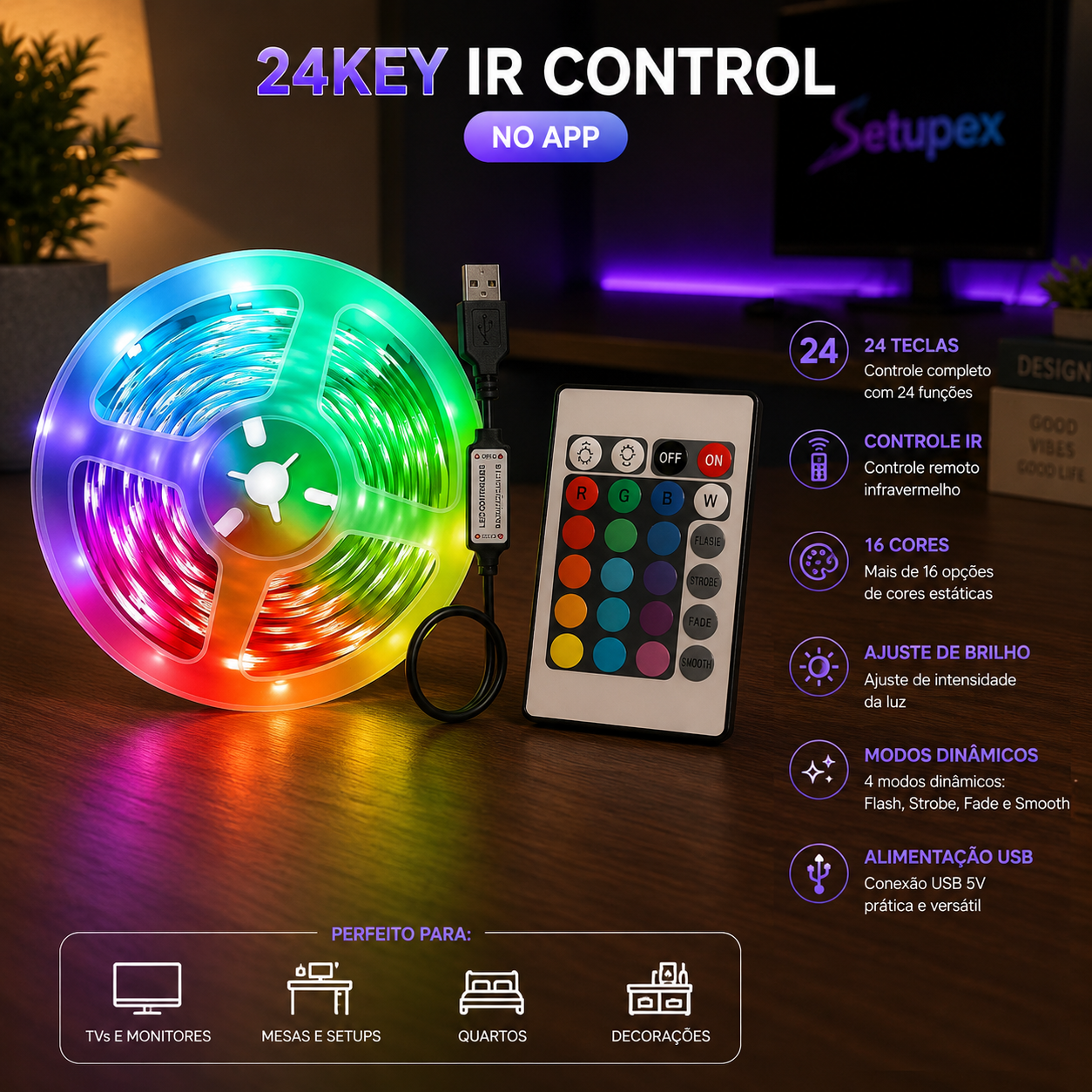 Fita LED RGB APP Control para Quarto Gamer
