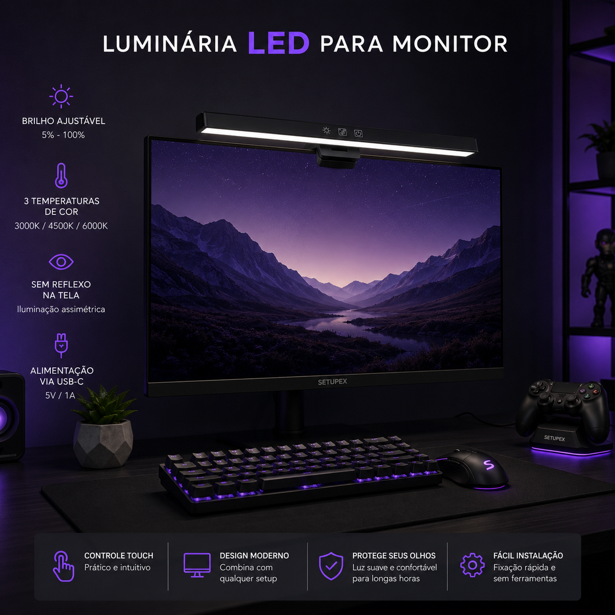 Luminária LED para Monitor de PC com Controle de Brilho
